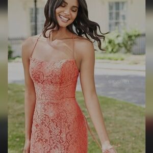 Sherri Hill Coral Lace Dress Sexy Back Prom Coral Embellished Gown